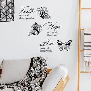 Inspirational Faith Hope Love wall stickers with butterfly and floral black line art decor