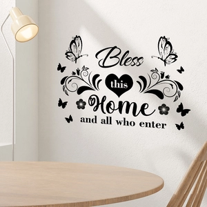 Schwarzer 'Bless this Home' Wandsticker mit Schmetterlingen für Wohnzimmerdeko