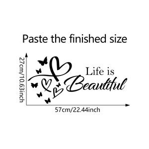 Detail view of Life is Beautiful wall sticker with butterfly and heart patterns