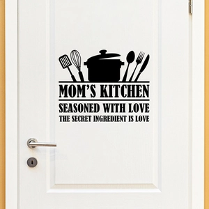 Mom's Kitchen wall decal featuring cooking utensils and secret ingredient quote