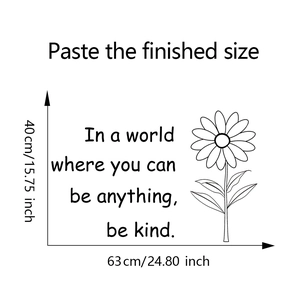 Detail showing wall sticker layout with sunflower and 'be kind' slogan, size 40x63cm