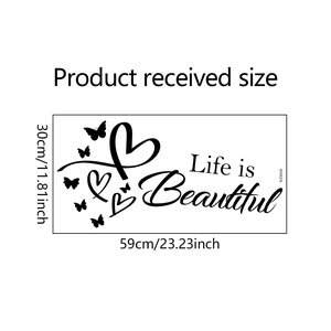 Detail showing Life is Beautiful wall sticker with butterfly motifs and 59x30cm dimensions