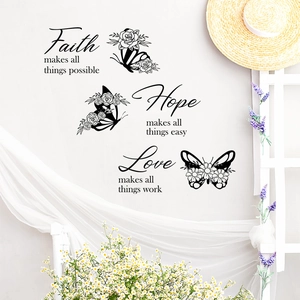 Inspirational butterfly and floral wall decals featuring Faith Hope Love quotes for home decor