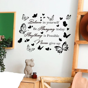 Inspirational English wall decals with butterflies and hearts for living room decor