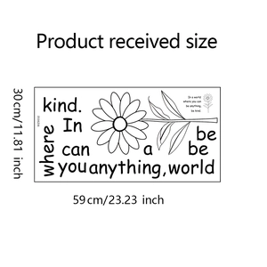 Detail showing dimensions of sunflower daisy wall sticker with Be Kind quote 30x59cm
