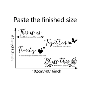 Detailed wall sticker layout with Family quotes and dimensions 64cm x 102cm for decor