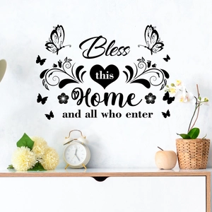 Minimalistisches Wandtattoo mit Bless this Home Spruch und Schmetterlingen für Wohnkultur