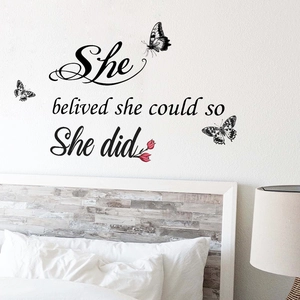 Inspirational 'She believed she could' wall sticker with butterflies and pink flowers