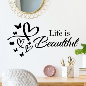 Life Is Beautiful Motivational Quote Wall Sticker PVC Black Butterfly Heart DIY Removable Decal For Living Room Bedroom Decor
