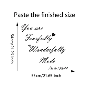Detailed dimension guide for black inspirational Bible verse wall decal size 55cm x 54cm