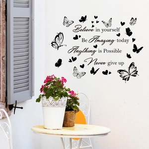 Inspirational butterfly heart wall decal with Believe in yourself and Never give up quotes