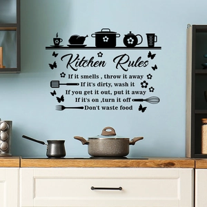 Wandtattoo Kitchen Rules mit schwarzen PVC-Zitaten und Utensilien für die Wanddekoration