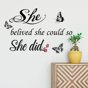 Inspirational English wall decal with butterflies and quote on white home wall decoration