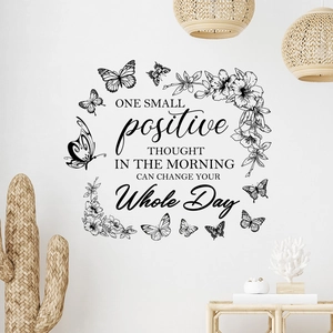 Wandtattoo mit positivem Spruch, Schmetterlingen und Blumen für die Heimdekoration