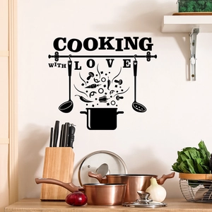 Sticker mural Cooking with Love avec ustensiles de cuisine et légumes décoratifs