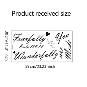 Detailed dimensions of the black Psalm 139:14 scripture wall sticker with heart accents