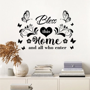 Bless This Home Zitat Schmetterling Wandtattoo PVC Schwarz Selbstklebend Aufkleber Für Wohnzimmer Schlafzimmer Deko