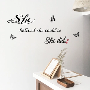 Inspirational 'She believed she could' wall sticker with butterflies and red flowers