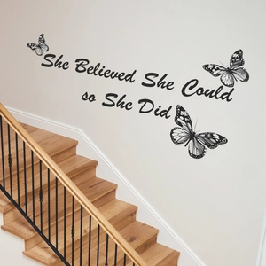 She Believed She Could wall decal with black butterflies for home stair decor