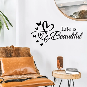 Life is Beautiful inspirational wall sticker with butterflies and hearts for home decor