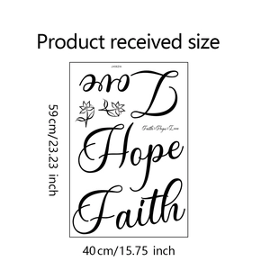 Dimensions du sticker mural Faith Hope Love, mesurant 59cm par 40cm pour la décoration