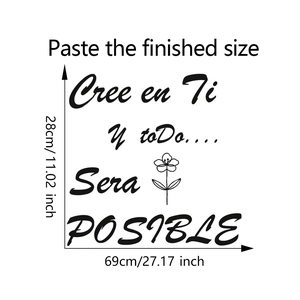 Detailed wall sticker dimensions showing the Spanish inspirational quote layout and size