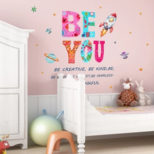 Colorful Rocket and Planet Wall Stickers for Kids' Room with Inspiring Be You Quotes