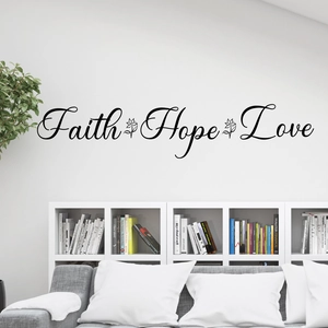 Sticker Mural Inspirant Faith Hope Love Lettrage Noir en PVC Minimaliste Avec Motif Floral pour Salon Chambre à Coucher