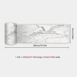 Detailed dimension guide for white marble texture wall sticker roll measuring 200cm x 10cm