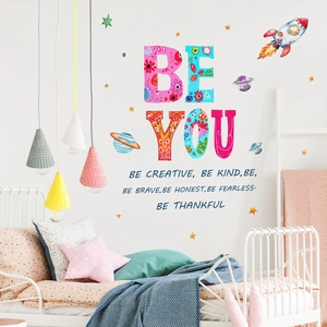 Kids colorful graffiti wall stickers with rocket, stars and Be You slogan for bedroom