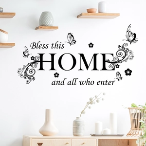 Sticker mural Bless this HOME avec papillons et fleurs pour salon minimaliste