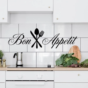 Bon Appetit wall sticker with cutlery icons on white kitchen tile background