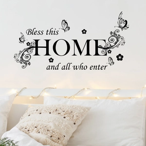 Sticker Mural Bless This Home And All Who Enter PVC Noir Papillon Vigne Citation Sticker Pour Salon Chambre Décoration