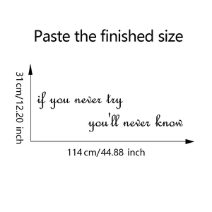 Black motivational wall decal showing 'if you never try' quote with 114x31cm dimensions