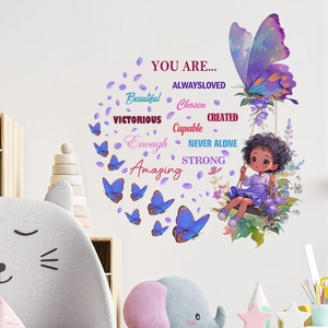 Motivierende Zitate Schmetterling Cartoon Mädchen Wandaufkleber PVC Wasserdicht Abnehmbar Aufkleber Für Kinderzimmer Deko