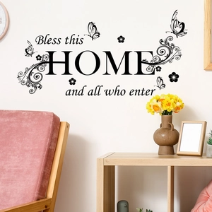 Sticker mural noir 'Bless this HOME' avec papillons pour décoration de salon chaleureux