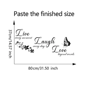 Detailed dimension guide for Live Laugh Love wall decal showing 80cm width and 37cm height