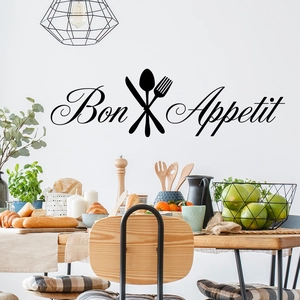 Minimalist Bon Appetit kitchen wall decal with cutlery icons for dining room decor