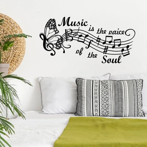Adesivo da Parete Note Musicali Farfalla Citazione Music Is The Voice Of Soul PVC Decalcomania per Soggiorno Camera
