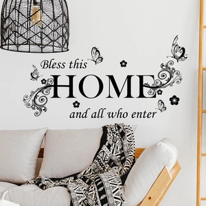 Sticker mural Bless this HOME avec papillons et motifs floraux pour décor de salon