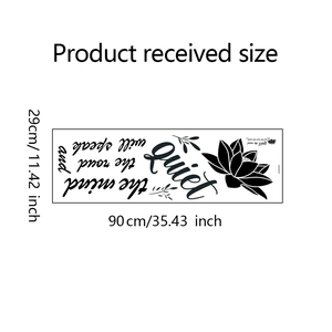 Detailed size chart showing 90x29cm lotus wall sticker with inspirational text engraving