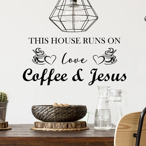 Modern black wall decal with This House Runs On Love Coffee & Jesus quote and heart icons