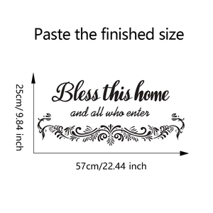 Black 'Bless this home' wall sticker finished size of 57cm wide and 25cm high illustration