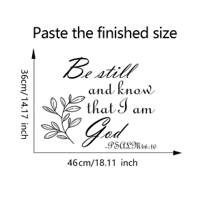 Detail view of Be Still religious wall sticker with green leaf line art and dimensions