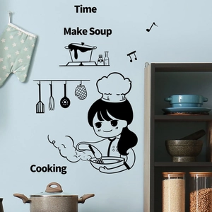 Cartoon chef girl and kitchen utensils wall sticker for home kitchen decoration
