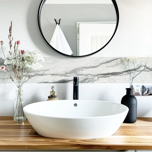 Detail view of marble pattern waistline wall stickers in a modern bathroom setting