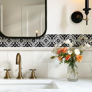 Self-adhesive black and white geometric tile stickers for bathroom wall decor