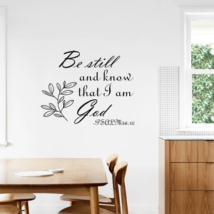 Minimalist Psalm 46:10 wall decal with green leaf design for bedroom and kitchen decor
