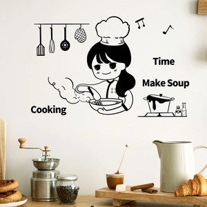 Cute Cartoon Chef Kitchen Wall Sticker PVC Self Adhesive DIY Decor For Dining Room Restaurant Cooking Time Quote Decal