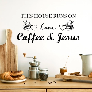 This House Runs On Love Coffee And Jesus Wall Sticker Black PVC Quote Decal For Kitchen Cafe Dining Room Home Decor